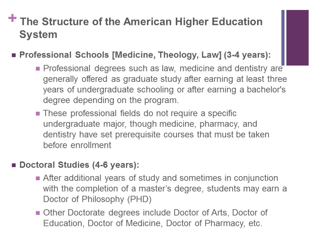 The Structure of the American Higher Education System Professional Schools [Medicine, Theology, Law] (3-4